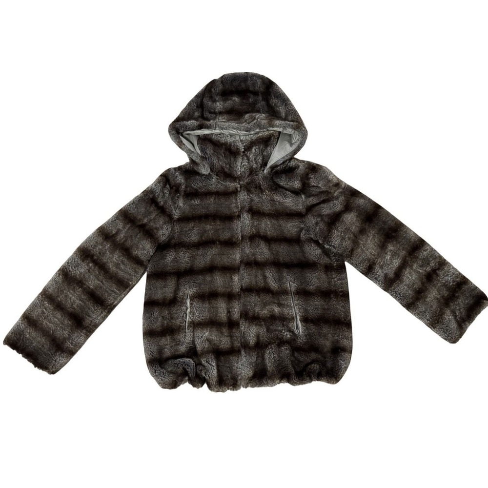 Brown Striped Faux Fur Hooded Jacket Full‎ Zip Drawstring Hem Coat